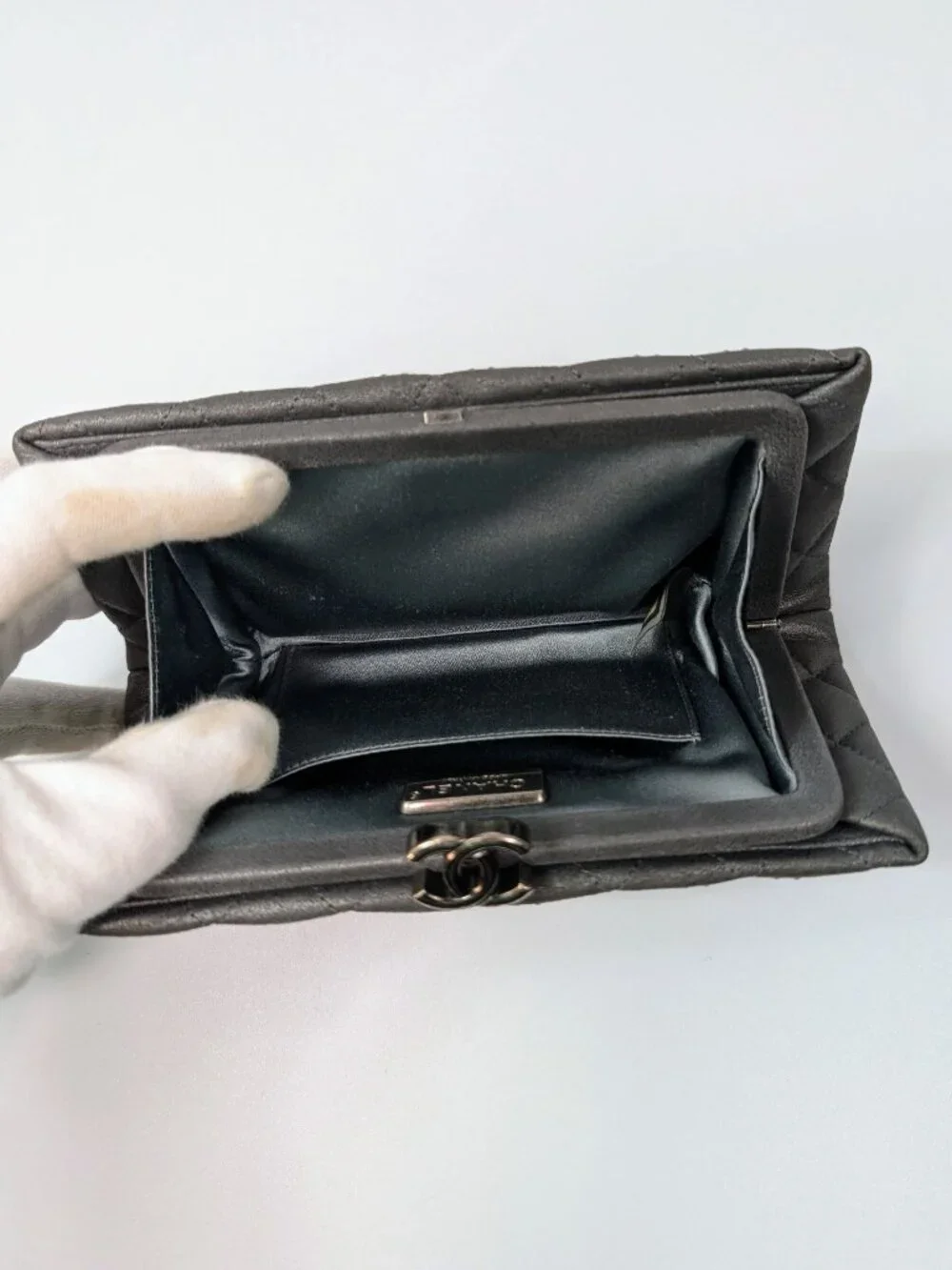 Chanel Timeless Grey Crystal-Studded Suede Diamond-Quilted Clutch